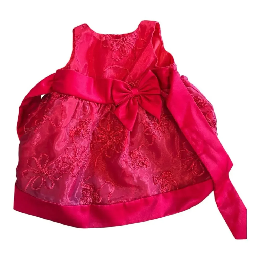 1st Christmas Dress Girls Infants Sz 6-9 Mo. Red Back Tie/‎ Button Christmas EUC